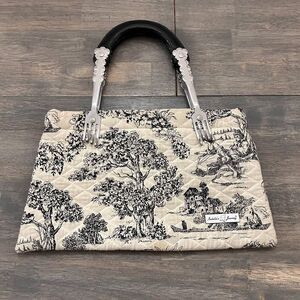 Isabella's Journey Toile Noir Fork‎ Handle Purse Handbag NEW White Black Fabric